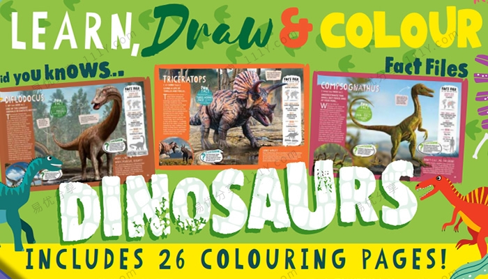 《Learn, Draw Colour Dinosaurs》116页儿童恐龙主题绘画涂色英文杂志 百度网盘下载-学乐集
